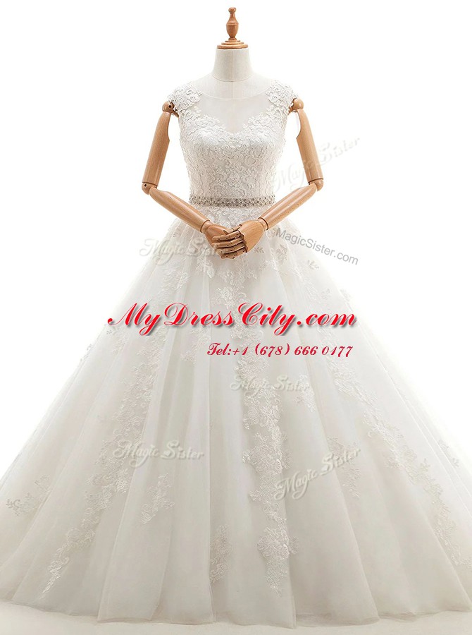 Glorious With Train White Wedding Dresses Scoop Sleeveless Brush Train Clasp Handle