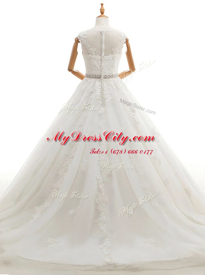 Glorious With Train White Wedding Dresses Scoop Sleeveless Brush Train Clasp Handle