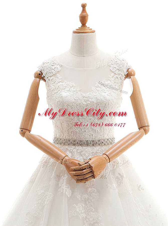 Glorious With Train White Wedding Dresses Scoop Sleeveless Brush Train Clasp Handle