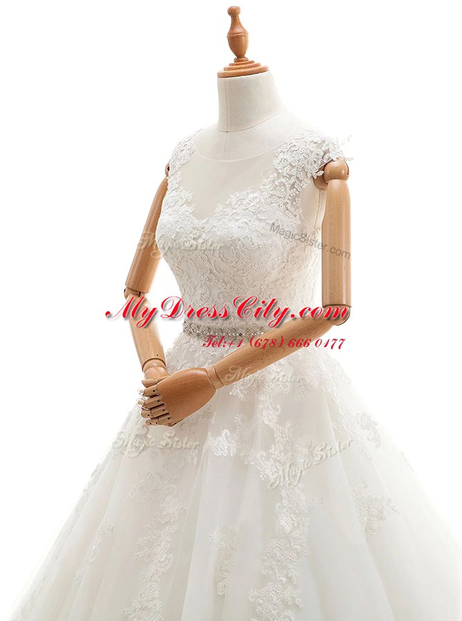 Glorious With Train White Wedding Dresses Scoop Sleeveless Brush Train Clasp Handle