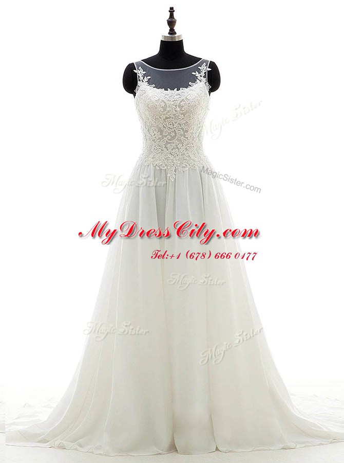 Elegant Scoop Chiffon Sleeveless With Train Bridal Gown Brush Train and Lace