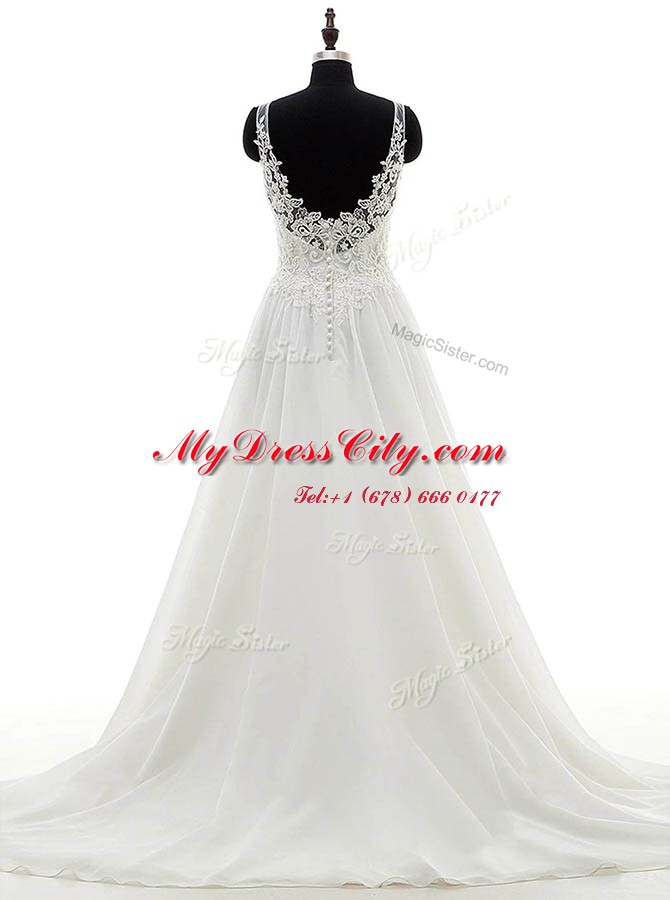 Elegant Scoop Chiffon Sleeveless With Train Bridal Gown Brush Train and Lace