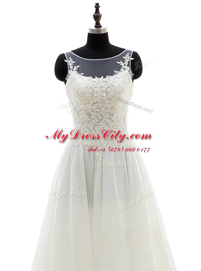 Elegant Scoop Chiffon Sleeveless With Train Bridal Gown Brush Train and Lace