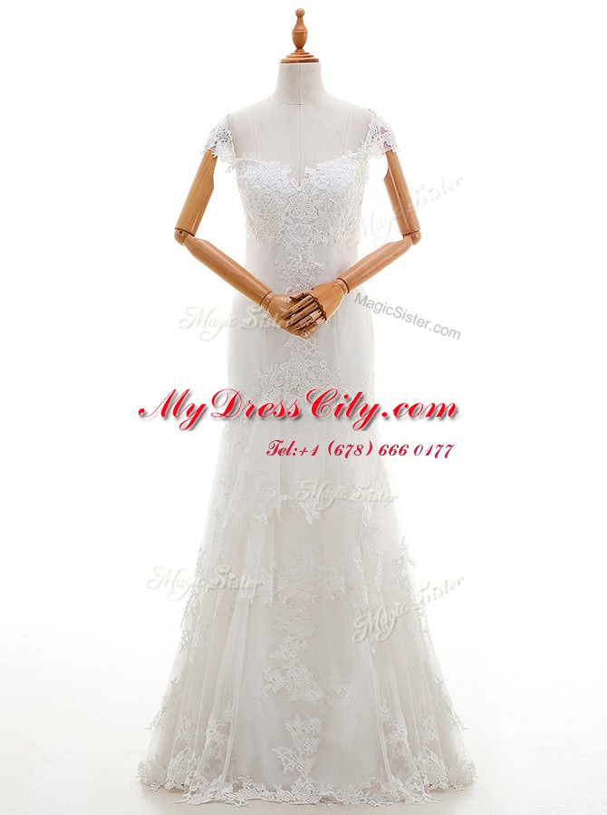 Best Selling Cap Sleeves Lace Up Floor Length Lace and Appliques Wedding Dress