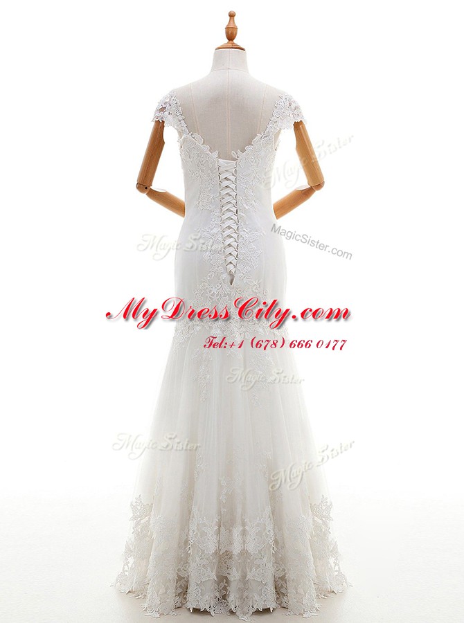 Best Selling Cap Sleeves Lace Up Floor Length Lace and Appliques Wedding Dress