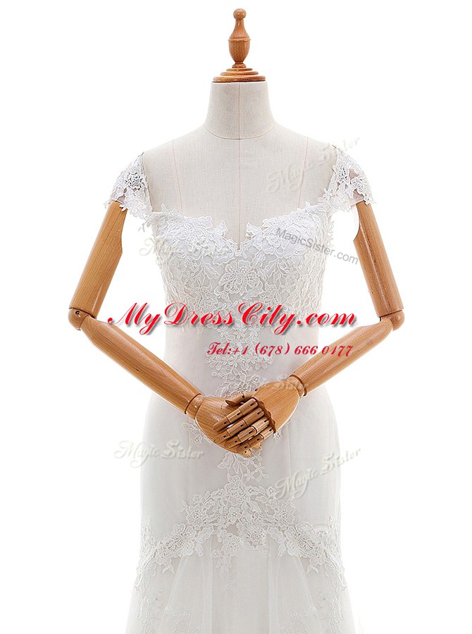 Best Selling Cap Sleeves Lace Up Floor Length Lace and Appliques Wedding Dress