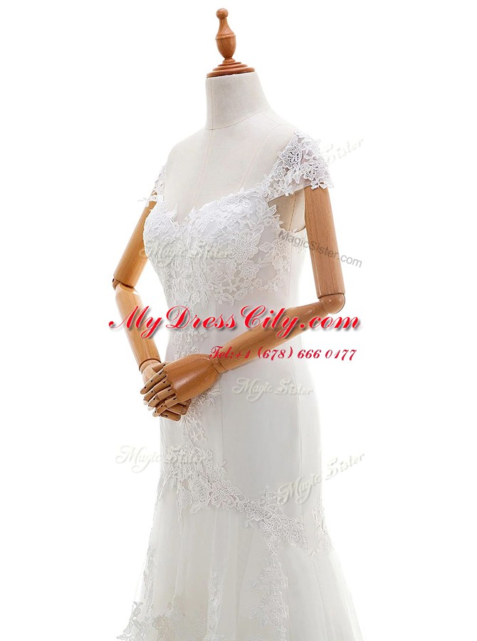 Best Selling Cap Sleeves Lace Up Floor Length Lace and Appliques Wedding Dress