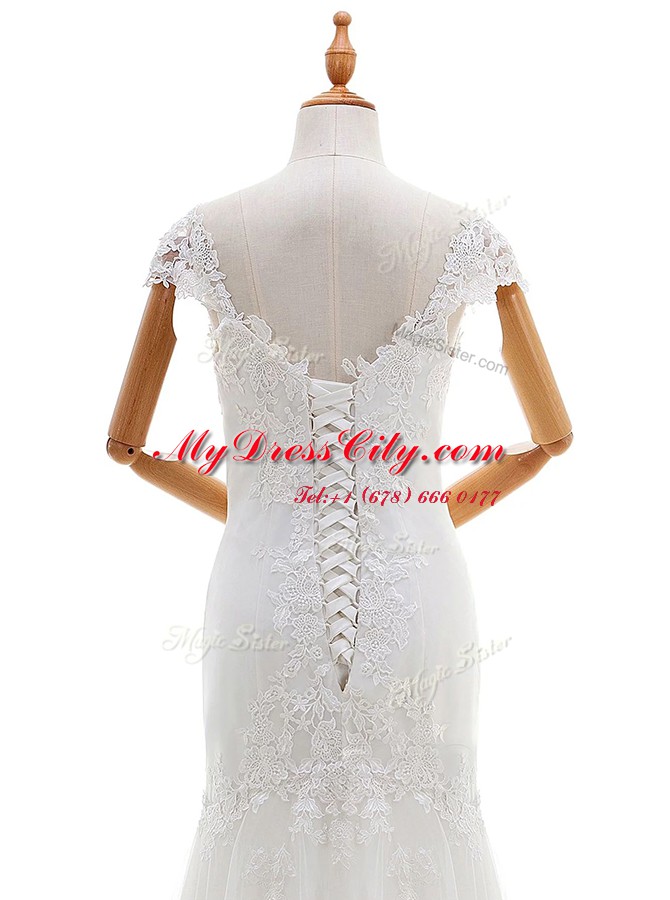 Best Selling Cap Sleeves Lace Up Floor Length Lace and Appliques Wedding Dress