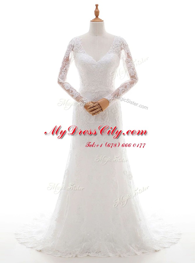 White Column/Sheath Lace and Appliques Wedding Gowns Lace Up Lace Long Sleeves With Train