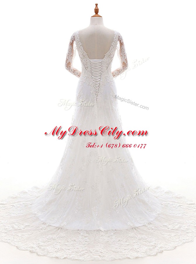 White Column/Sheath Lace and Appliques Wedding Gowns Lace Up Lace Long Sleeves With Train