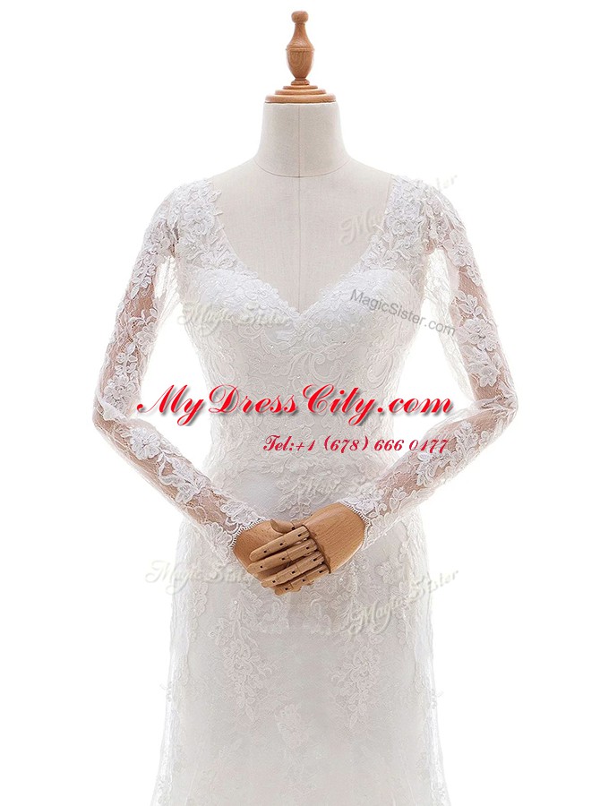 White Column/Sheath Lace and Appliques Wedding Gowns Lace Up Lace Long Sleeves With Train