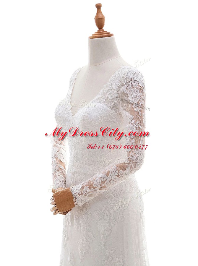 White Column/Sheath Lace and Appliques Wedding Gowns Lace Up Lace Long Sleeves With Train