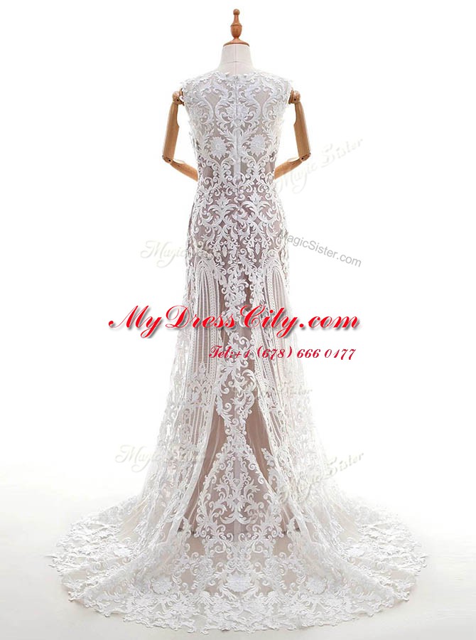 Scalloped White Lace Zipper Wedding Dresses Sleeveless With Brush Train Appliques