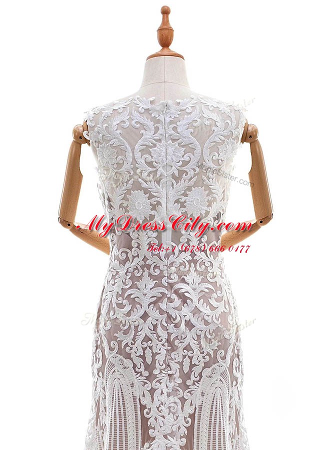 Scalloped White Lace Zipper Wedding Dresses Sleeveless With Brush Train Appliques