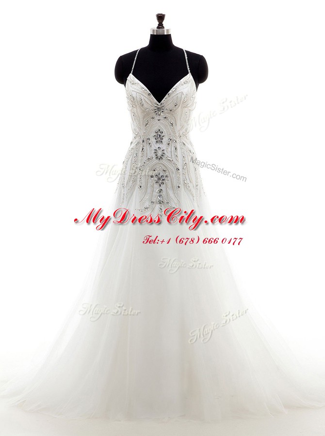 Delicate Brush Train Column/Sheath Wedding Dresses White Halter Top Tulle Sleeveless With Train Criss Cross