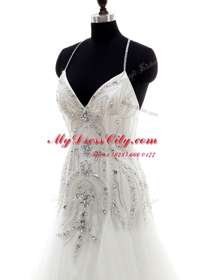 Delicate Brush Train Column/Sheath Wedding Dresses White Halter Top Tulle Sleeveless With Train Criss Cross