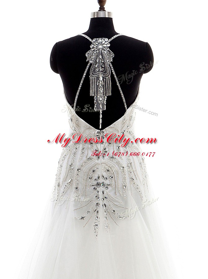 Delicate Brush Train Column/Sheath Wedding Dresses White Halter Top Tulle Sleeveless With Train Criss Cross