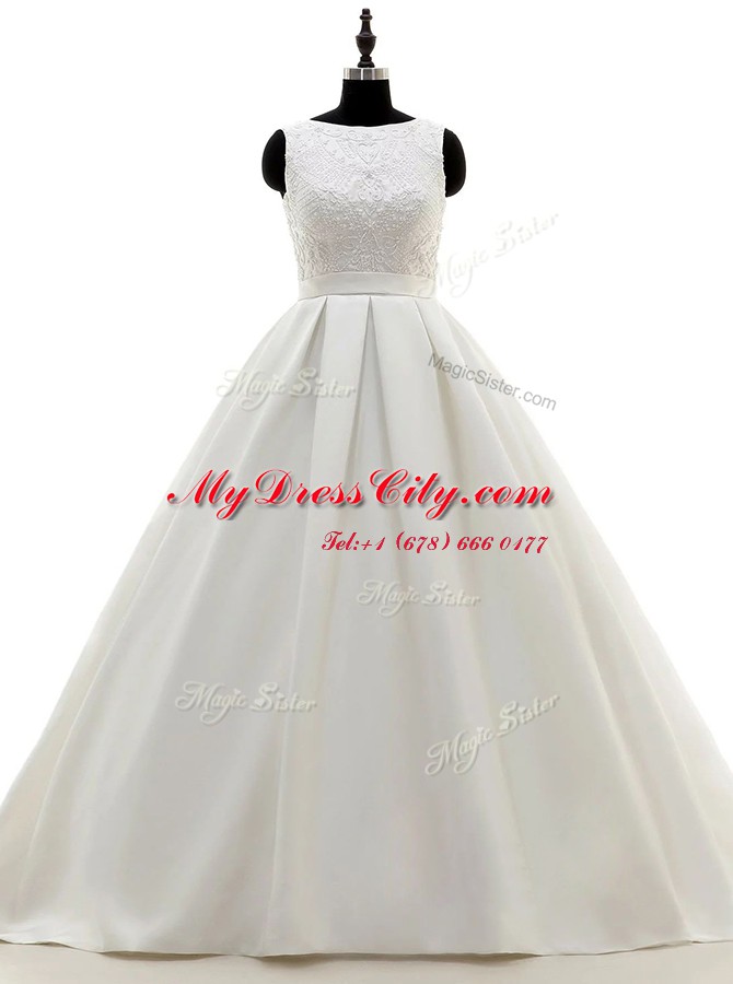 Fancy Scoop Sleeveless With Train Lace and Appliques and Bowknot Criss Cross Wedding Gowns with White Brush Train