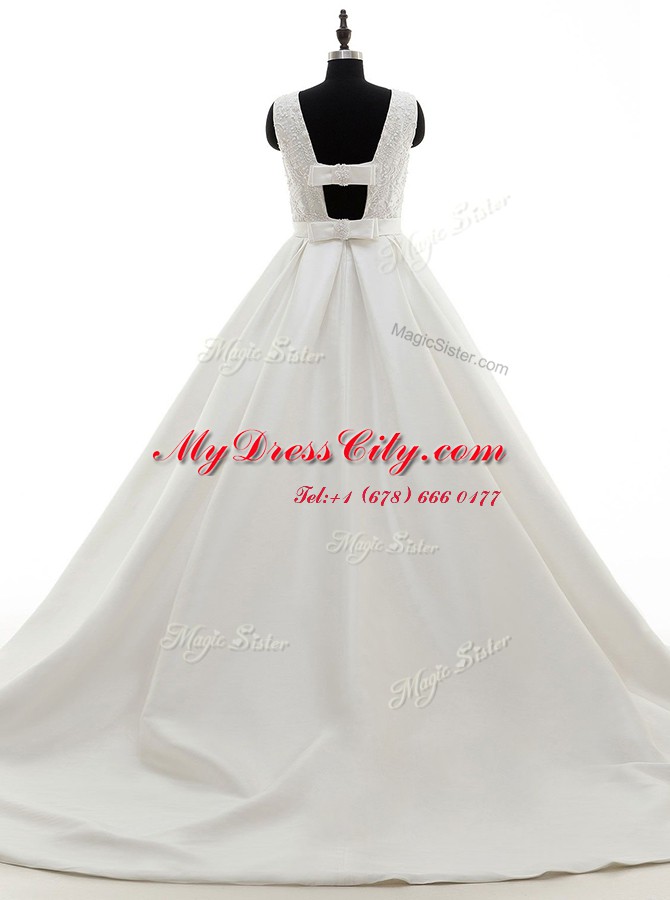 Fancy Scoop Sleeveless With Train Lace and Appliques and Bowknot Criss Cross Wedding Gowns with White Brush Train