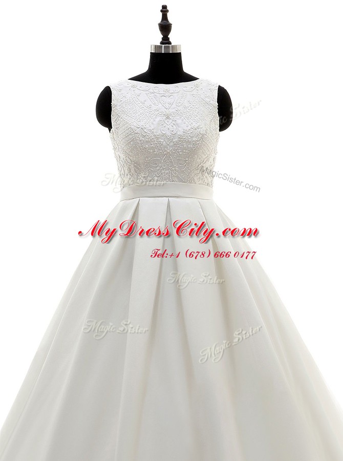 Fancy Scoop Sleeveless With Train Lace and Appliques and Bowknot Criss Cross Wedding Gowns with White Brush Train