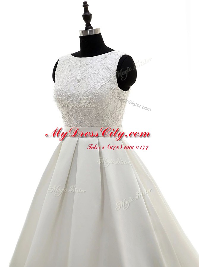 Fancy Scoop Sleeveless With Train Lace and Appliques and Bowknot Criss Cross Wedding Gowns with White Brush Train