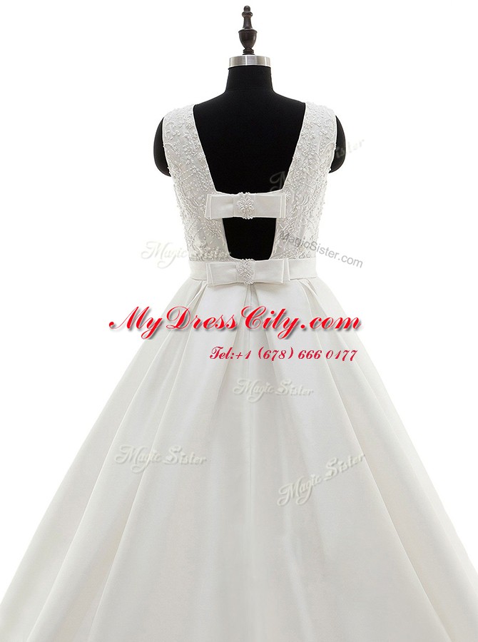 Fancy Scoop Sleeveless With Train Lace and Appliques and Bowknot Criss Cross Wedding Gowns with White Brush Train