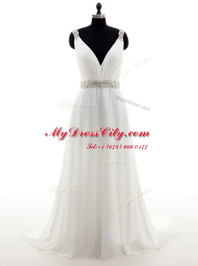 Sleeveless Brush Train Beading Zipper Wedding Dresses