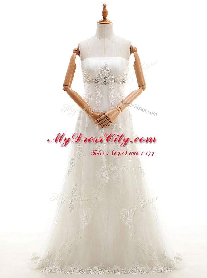 Decent White Zipper Bridal Gown Appliques Sleeveless With Train Sweep Train