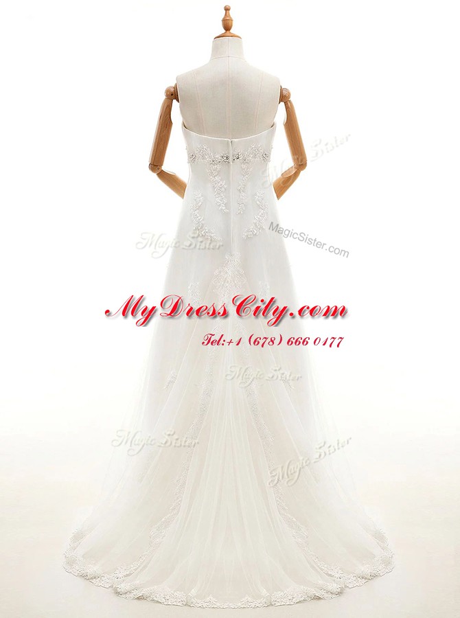 Decent White Zipper Bridal Gown Appliques Sleeveless With Train Sweep Train