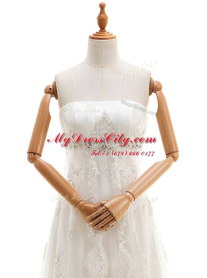 Decent White Zipper Bridal Gown Appliques Sleeveless With Train Sweep Train