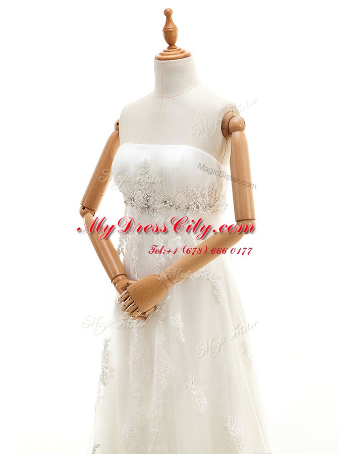 Decent White Zipper Bridal Gown Appliques Sleeveless With Train Sweep Train