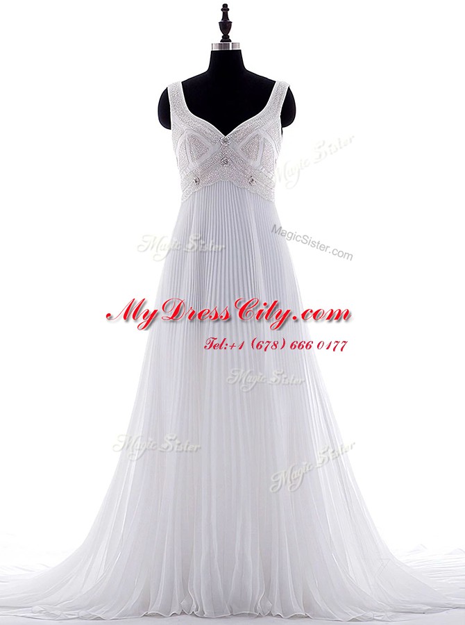 V-neck Sleeveless Chiffon Wedding Gowns Beading and Pleated Brush Train Zipper