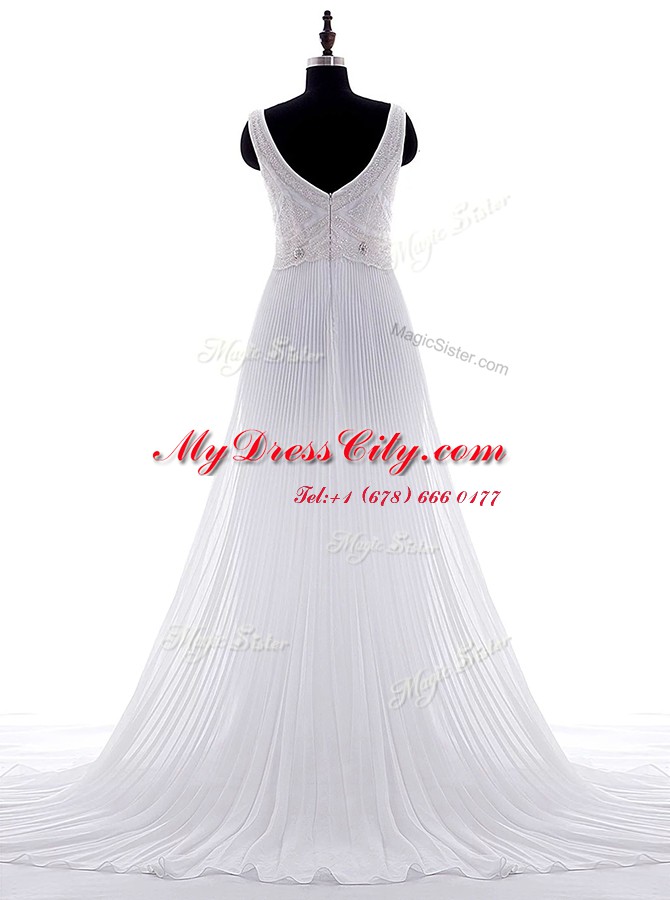 V-neck Sleeveless Chiffon Wedding Gowns Beading and Pleated Brush Train Zipper