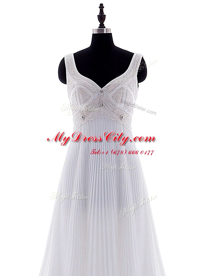 V-neck Sleeveless Chiffon Wedding Gowns Beading and Pleated Brush Train Zipper