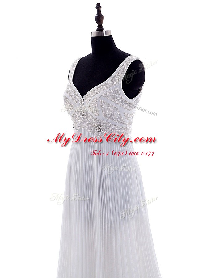 V-neck Sleeveless Chiffon Wedding Gowns Beading and Pleated Brush Train Zipper