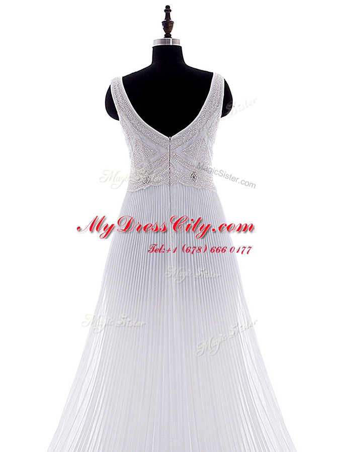 V-neck Sleeveless Chiffon Wedding Gowns Beading and Pleated Brush Train Zipper