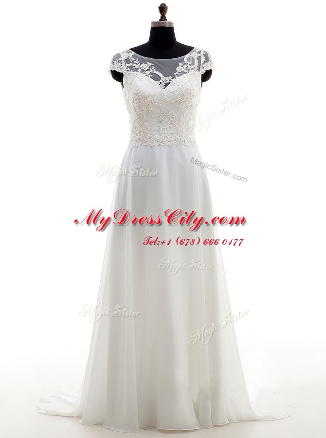 Luxurious Scoop White Sleeveless Chiffon Brush Train Backless Wedding Dress for Wedding Party