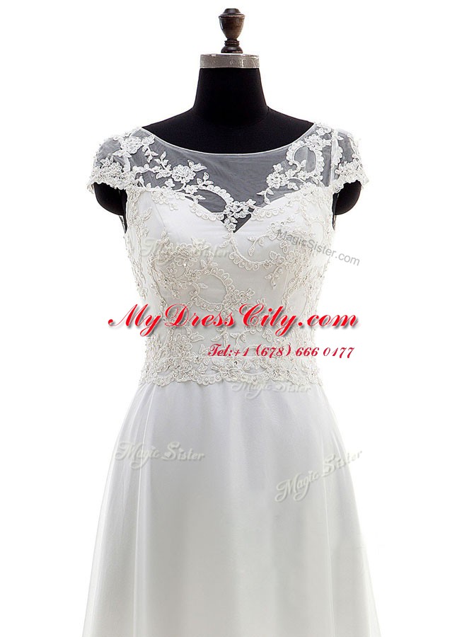 Luxurious Scoop White Sleeveless Chiffon Brush Train Backless Wedding Dress for Wedding Party