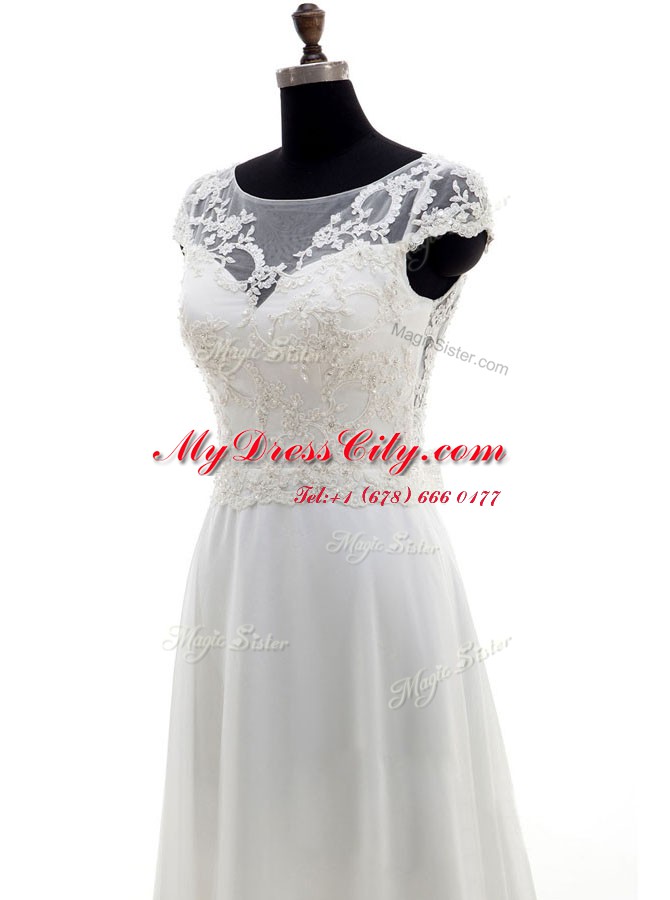 Luxurious Scoop White Sleeveless Chiffon Brush Train Backless Wedding Dress for Wedding Party