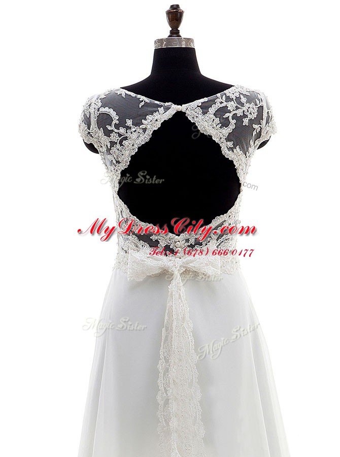 Luxurious Scoop White Sleeveless Chiffon Brush Train Backless Wedding Dress for Wedding Party