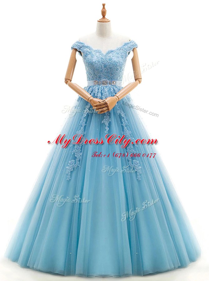 Floor Length Baby Blue Wedding Gown Tulle Cap Sleeves Beading and Appliques