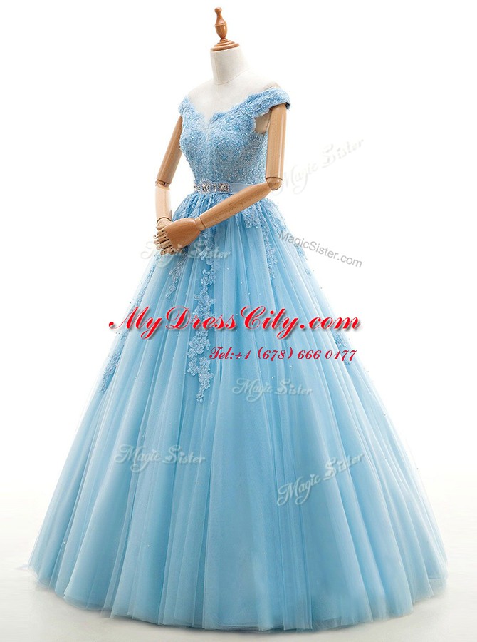 Floor Length Baby Blue Wedding Gown Tulle Cap Sleeves Beading and Appliques