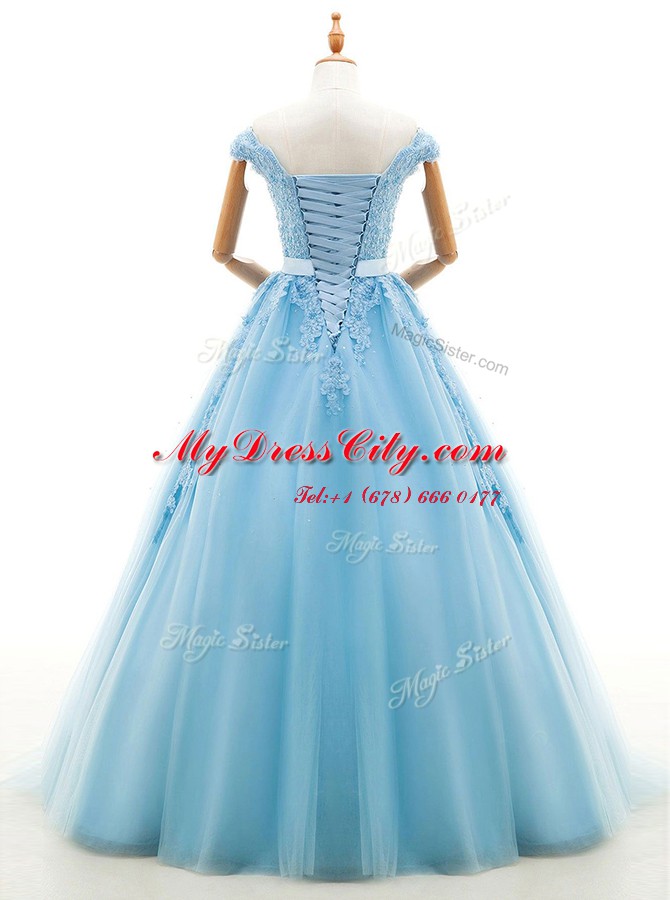 Floor Length Baby Blue Wedding Gown Tulle Cap Sleeves Beading and Appliques