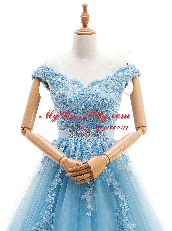 Floor Length Baby Blue Wedding Gown Tulle Cap Sleeves Beading and Appliques