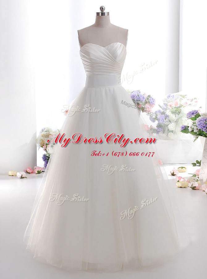 Dazzling White Sleeveless Ruching Floor Length Wedding Gown