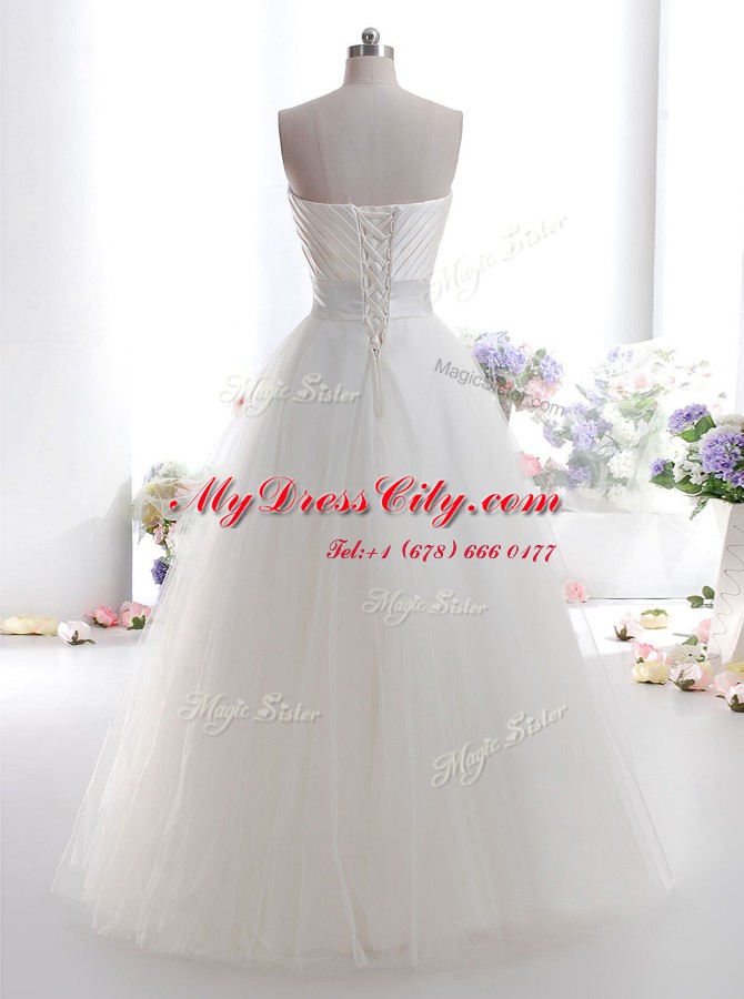 Dazzling White Sleeveless Ruching Floor Length Wedding Gown