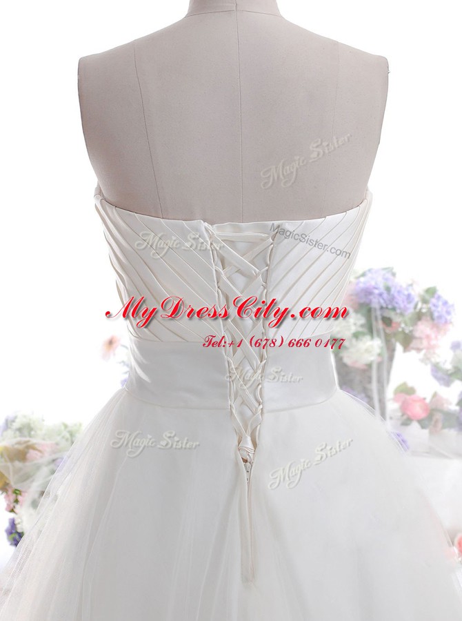 Dazzling White Sleeveless Ruching Floor Length Wedding Gown