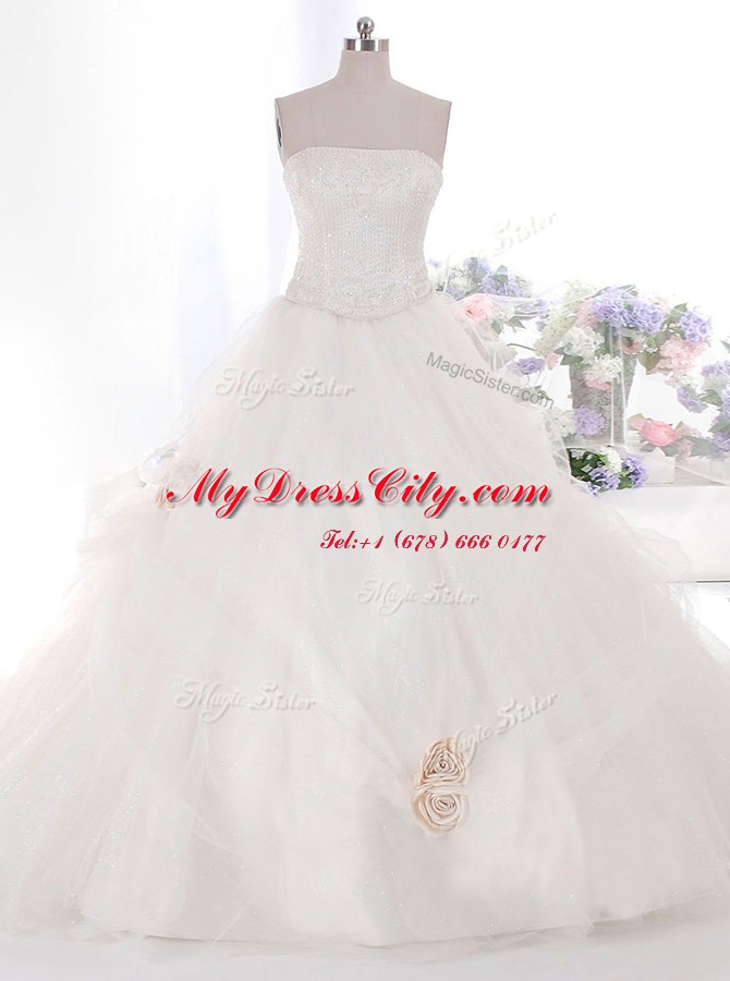 Decent Strapless Sleeveless Brush Train Zipper Wedding Dresses White Tulle