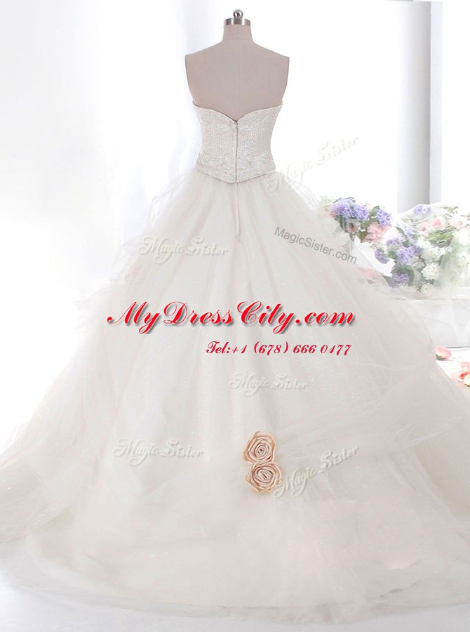 Decent Strapless Sleeveless Brush Train Zipper Wedding Dresses White Tulle