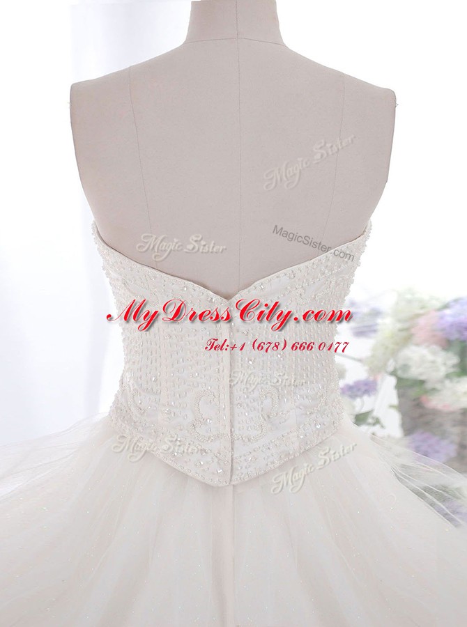 Decent Strapless Sleeveless Brush Train Zipper Wedding Dresses White Tulle